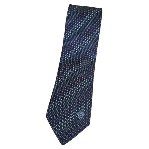 VERSACE Men's 100% Silk Necktie LUXURY Tie XL Blue Geometric Logo W:3.2" EUC - Picture 1 of 3
